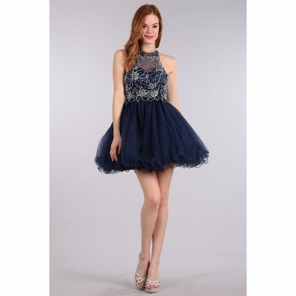 BEADED Navy Halter Dress 1563 - Picture 1 of 6